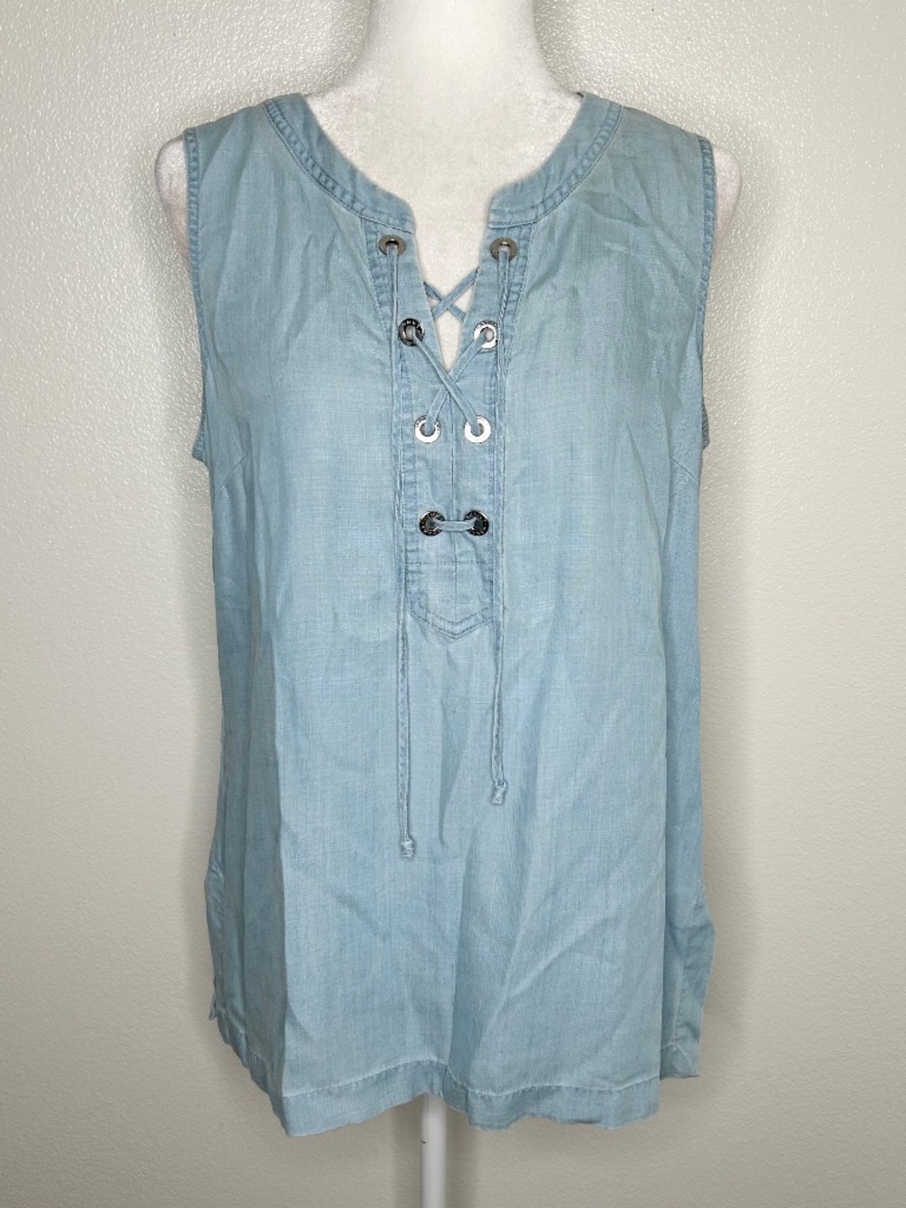 Tommy Bahama Womens Light Blue Wash Chambray Lace-Up Sleeveless Tank Top Size M